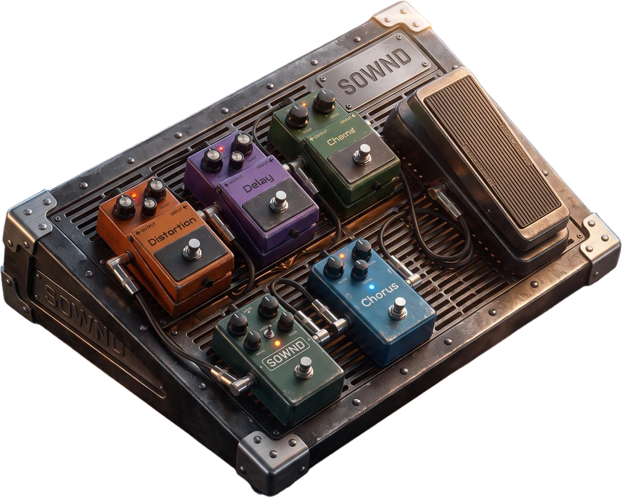 A pedalboard wall — the SOWND tone pack shelf